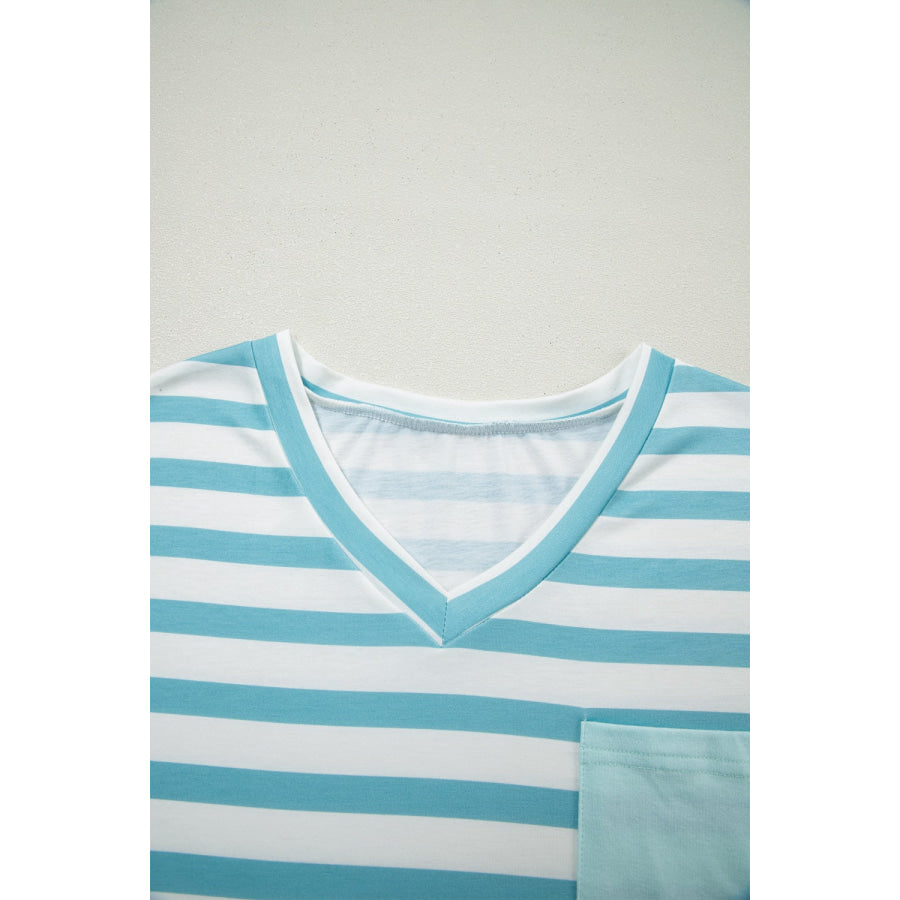 Stripe V Neck Patched Pocket Casual T Shirt Apparel and Accessories