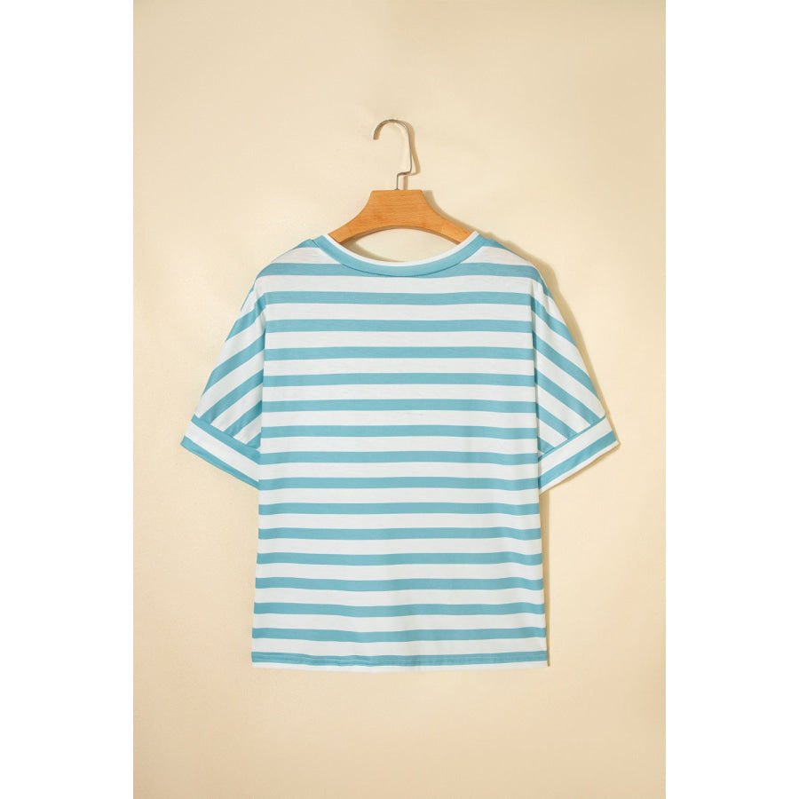 Stripe V Neck Patched Pocket Casual T Shirt Apparel and Accessories
