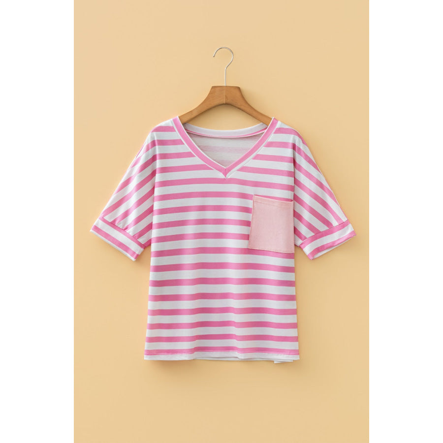 Stripe V Neck Patched Pocket Casual T Shirt Apparel and Accessories