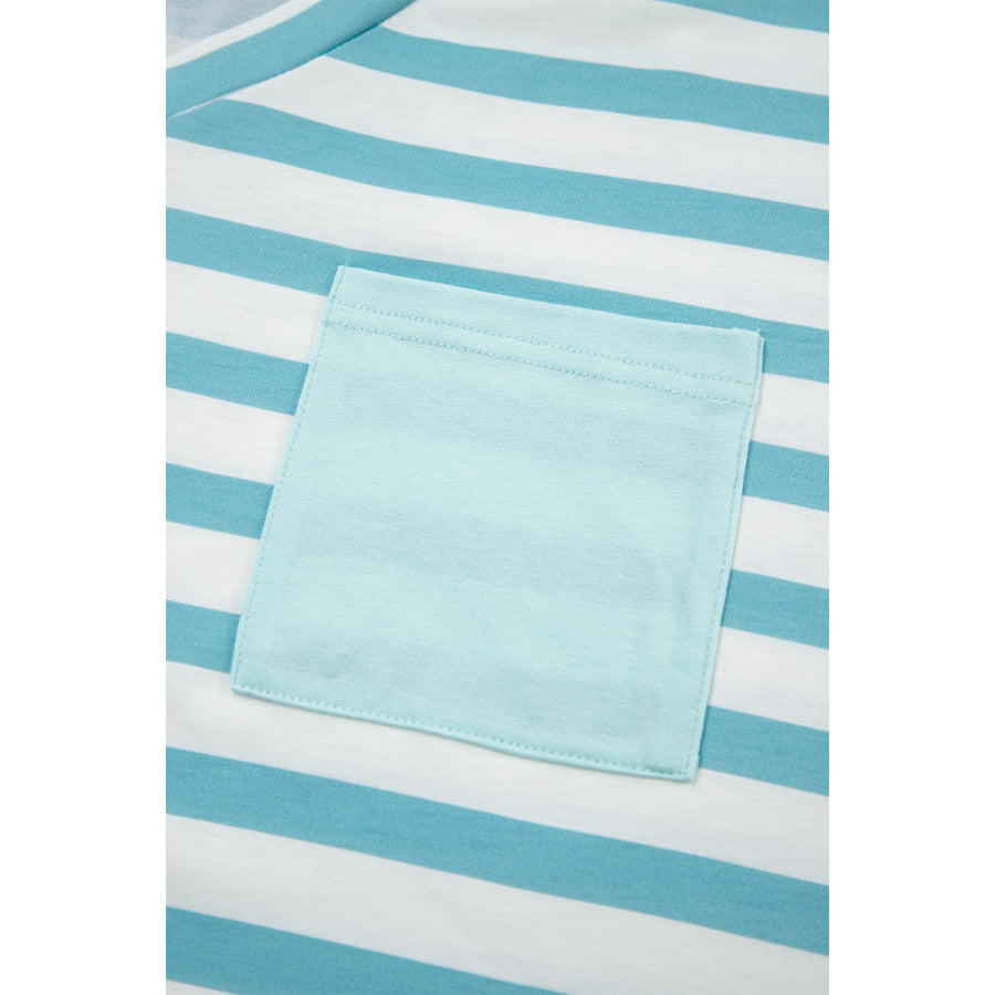 Stripe V Neck Patched Pocket Casual T Shirt Apparel and Accessories