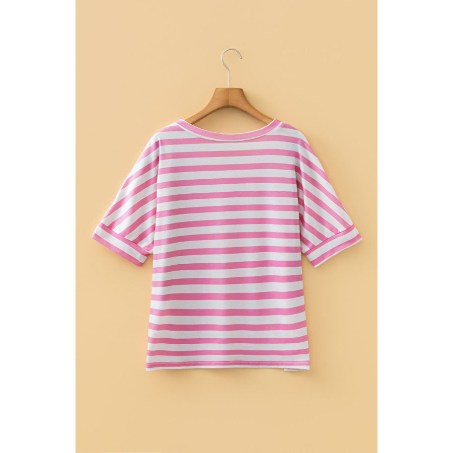 Stripe V Neck Patched Pocket Casual T Shirt Apparel and Accessories