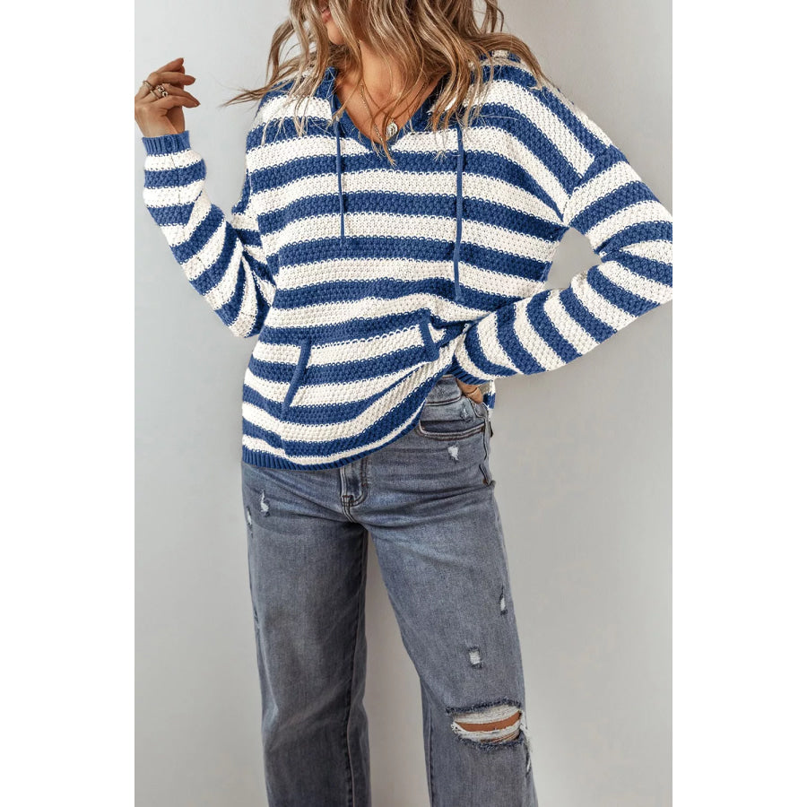 Stripe V Neck Pocketed Drawstring Hooded Sweater Apparel and Accessories