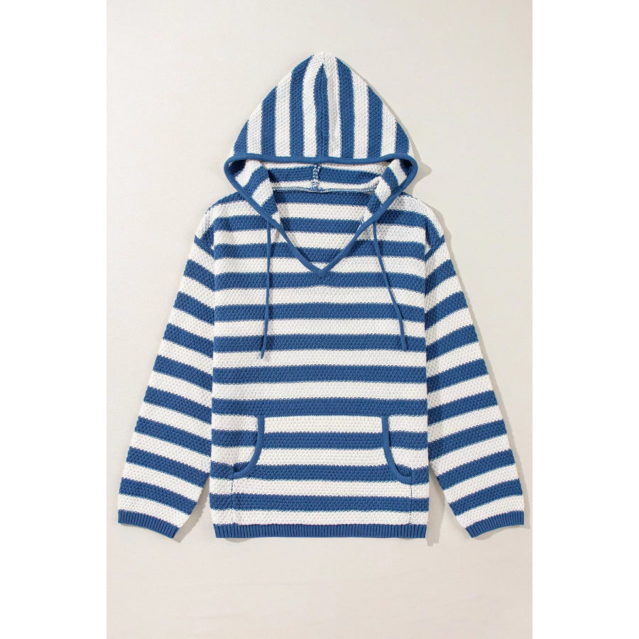 Stripe V Neck Pocketed Drawstring Hooded Sweater Apparel and Accessories