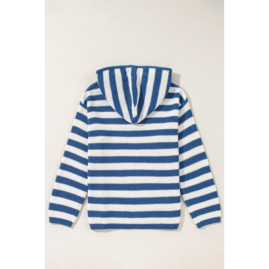Stripe V Neck Pocketed Drawstring Hooded Sweater Apparel and Accessories