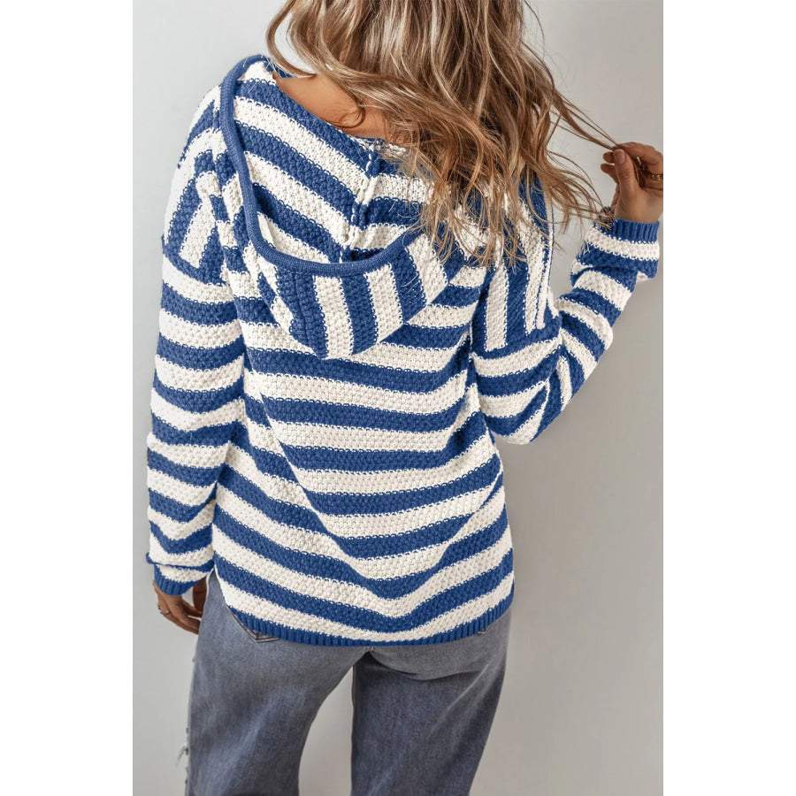 Stripe V Neck Pocketed Drawstring Hooded Sweater Apparel and Accessories