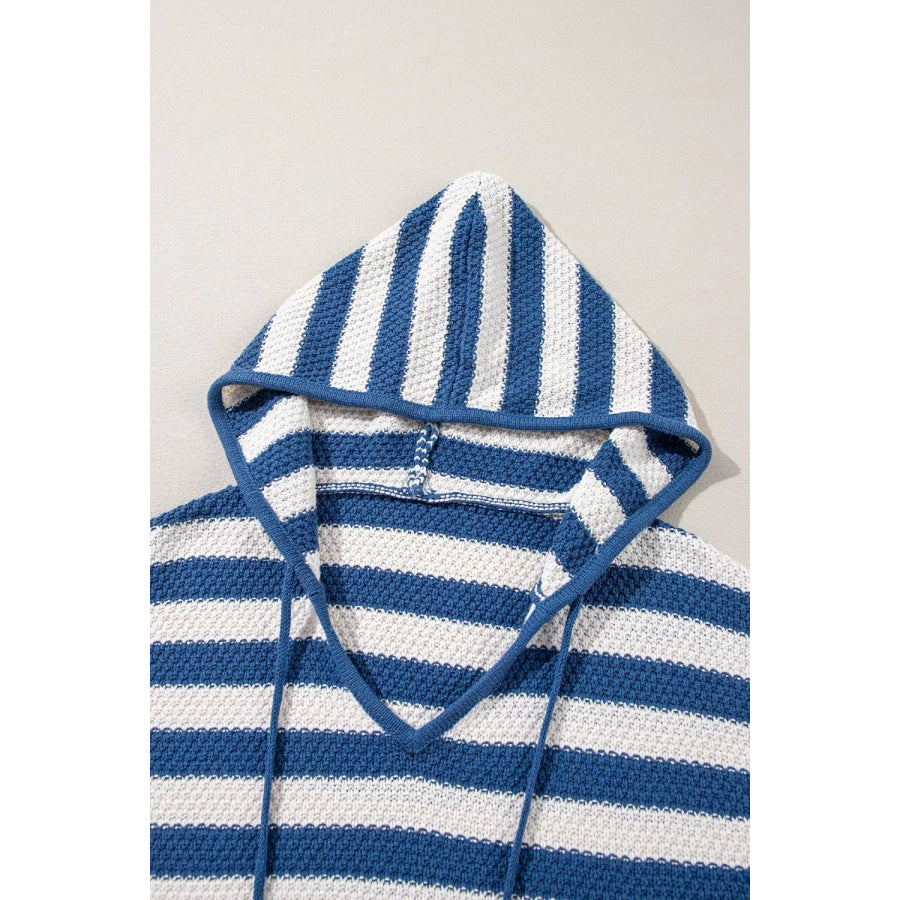 Stripe V Neck Pocketed Drawstring Hooded Sweater Apparel and Accessories