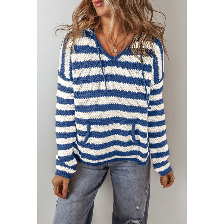 Stripe V Neck Pocketed Drawstring Hooded Sweater Navy / S Apparel and Accessories