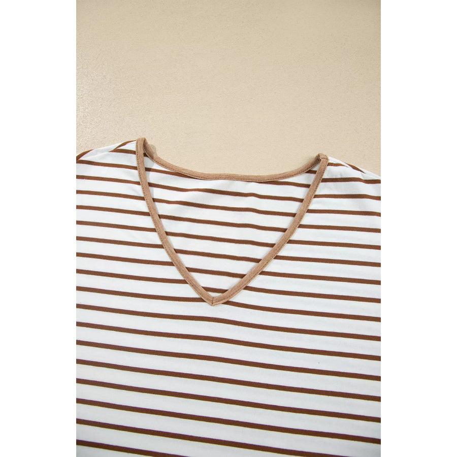Stripe V Neck Ruffle Contrast Sleeve Top Drawstring Pants 2pcs Set Apparel and Accessories