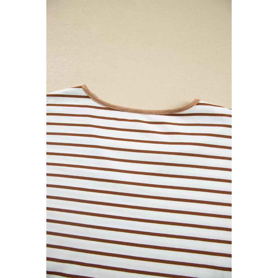 Stripe V Neck Ruffle Contrast Sleeve Top Drawstring Pants 2pcs Set Apparel and Accessories