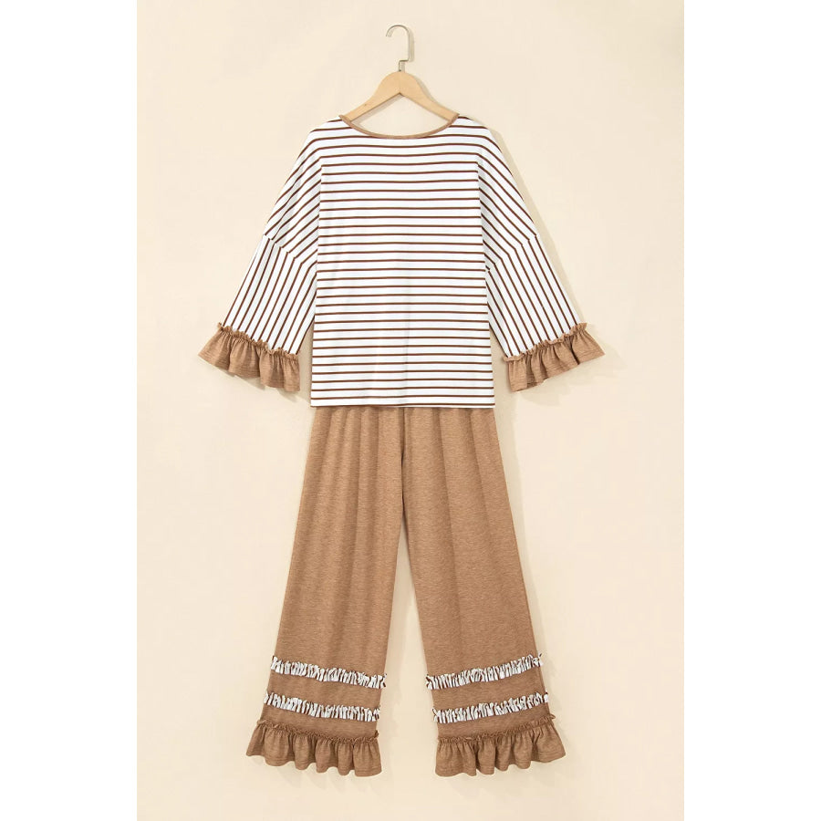 Stripe V Neck Ruffle Contrast Sleeve Top Drawstring Pants 2pcs Set Apparel and Accessories