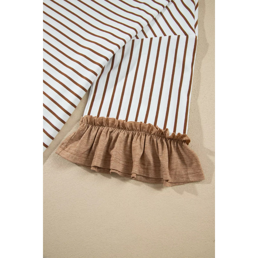 Stripe V Neck Ruffle Contrast Sleeve Top Drawstring Pants 2pcs Set Apparel and Accessories