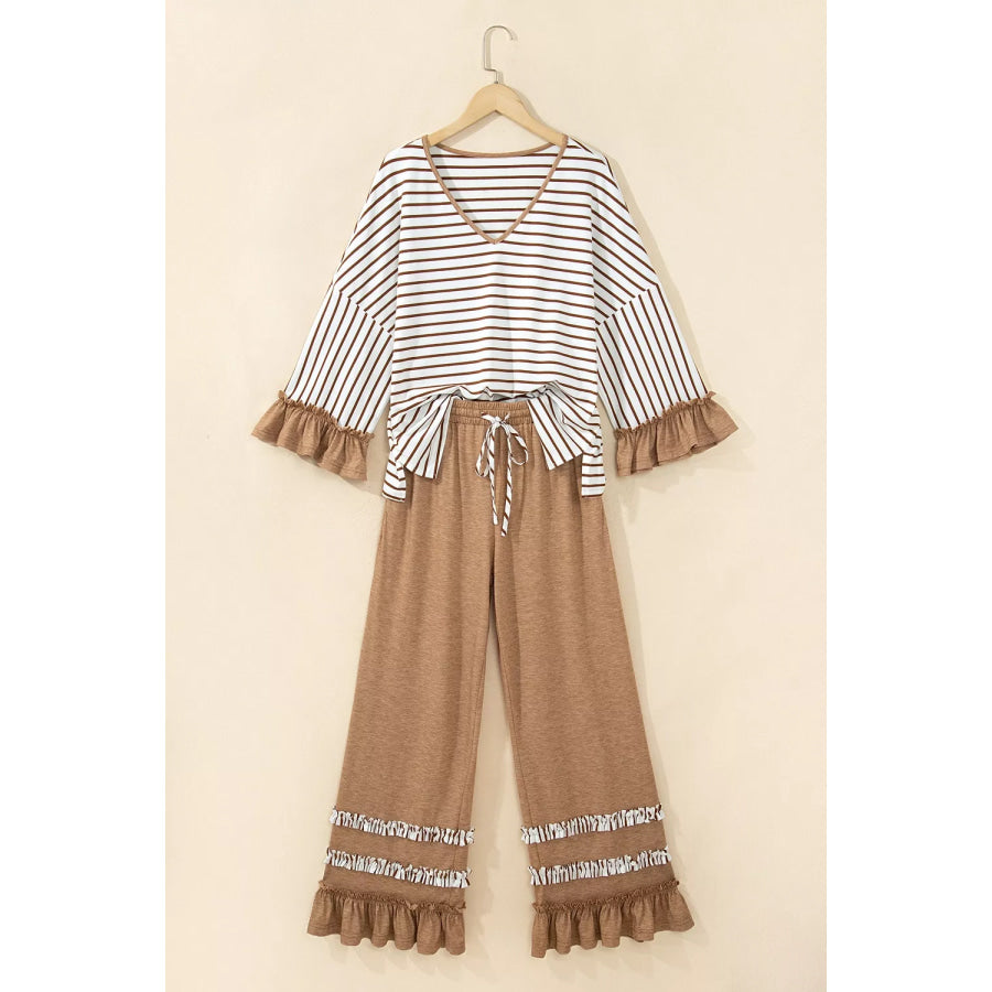 Stripe V Neck Ruffle Contrast Sleeve Top Drawstring Pants 2pcs Set Apparel and Accessories