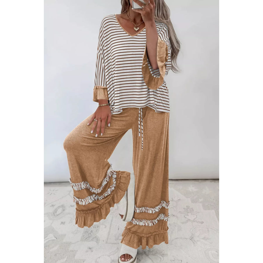 Stripe V Neck Ruffle Contrast Sleeve Top Drawstring Pants 2pcs Set Camel / S Apparel and Accessories