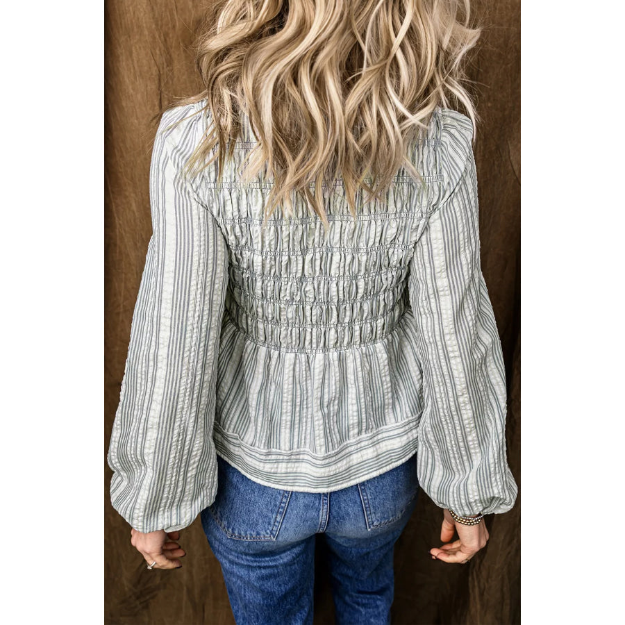 Stripe V Neck Shirred Long Sleeve Blouse Apparel and Accessories