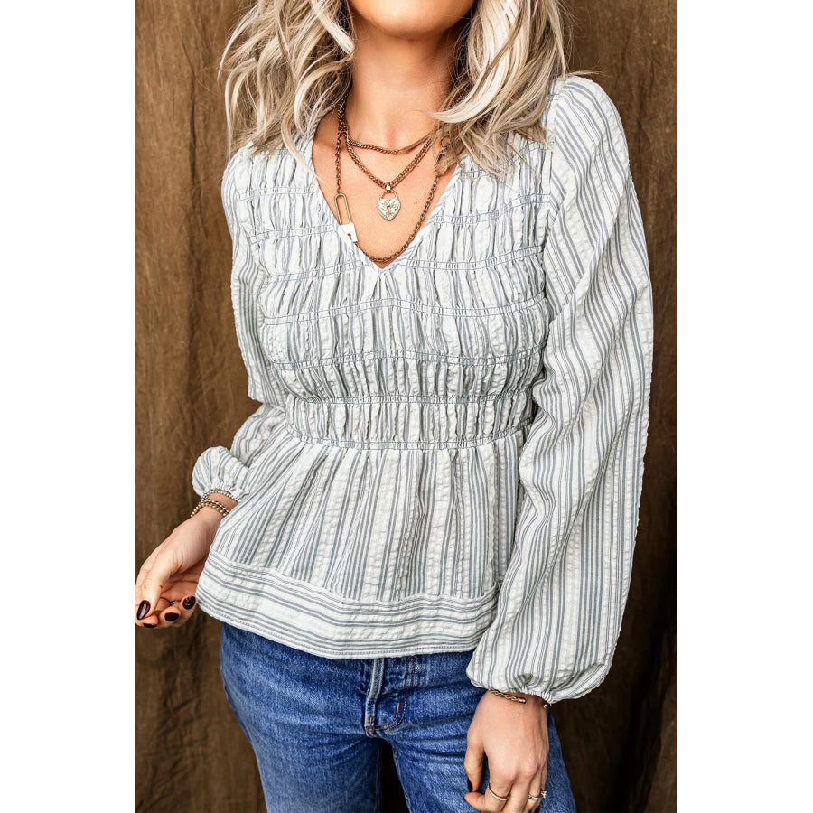 Stripe V Neck Shirred Long Sleeve Blouse Apparel and Accessories