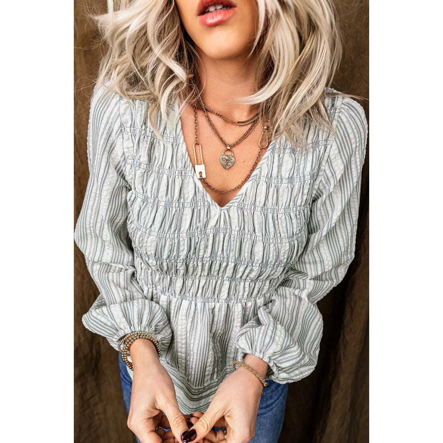Stripe V Neck Shirred Long Sleeve Blouse Apparel and Accessories