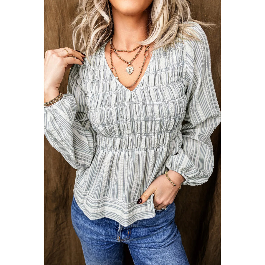 Stripe V Neck Shirred Long Sleeve Blouse Apparel and Accessories