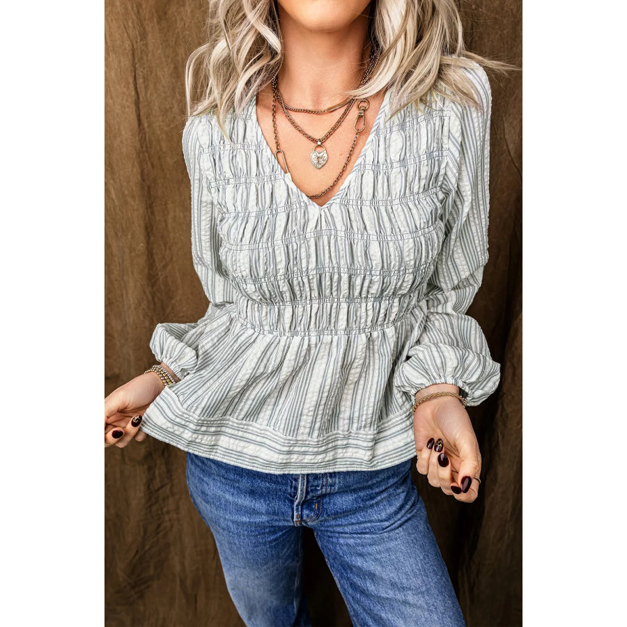 Stripe V Neck Shirred Long Sleeve Blouse Light Blue / S Apparel and Accessories