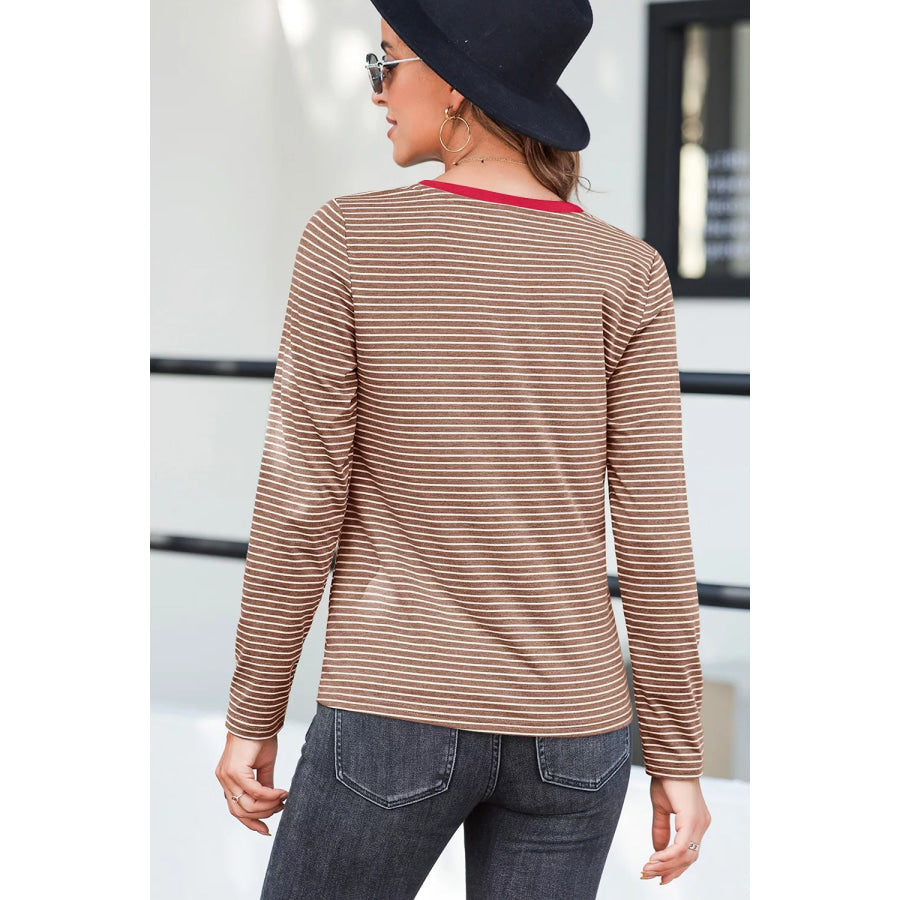 Stripe V Neck Stretchy Long Sleeve Top Apparel and Accessories