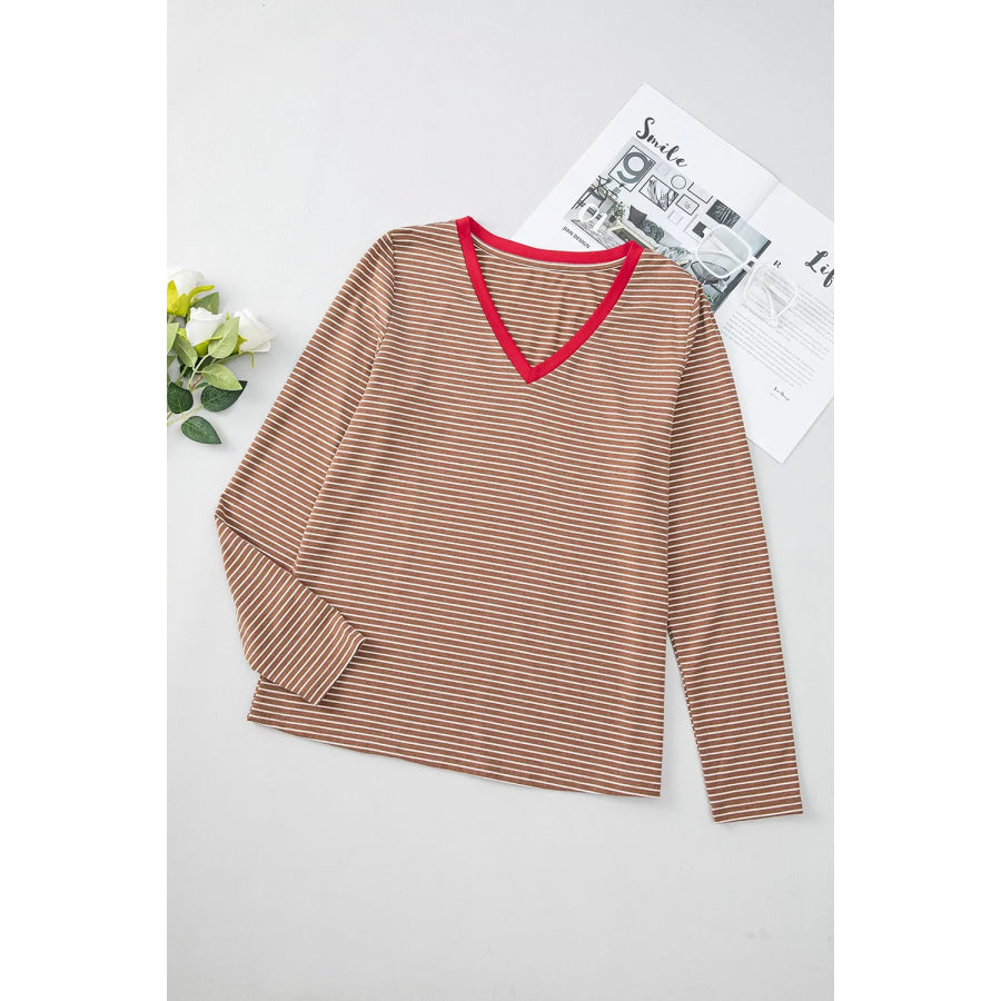 Stripe V Neck Stretchy Long Sleeve Top Apparel and Accessories