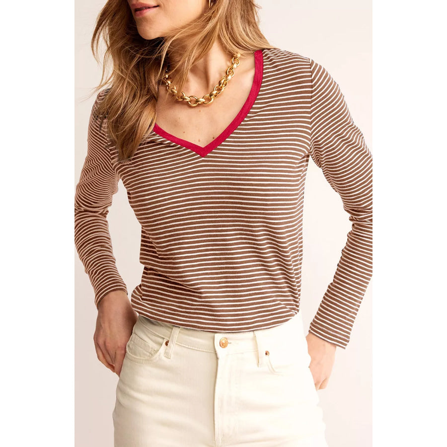 Stripe V Neck Stretchy Long Sleeve Top Khaki / S Apparel and Accessories