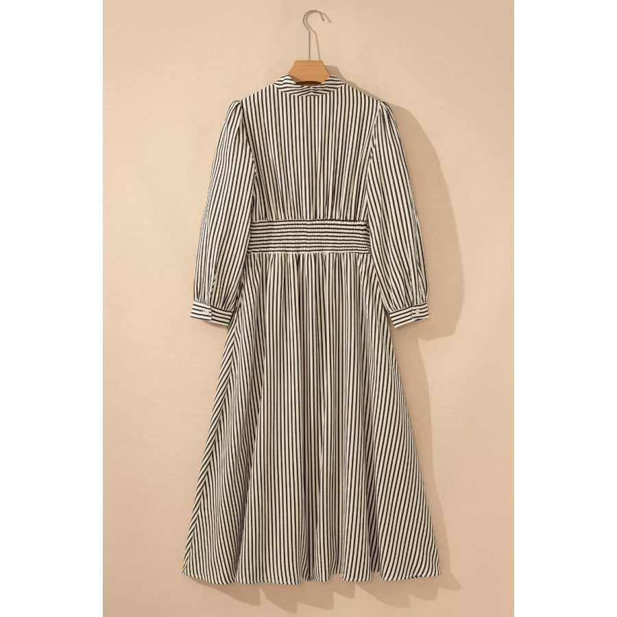 Stripe V Neck Zip Front Cinched High Waist Midi Dress Apparel and Accessories