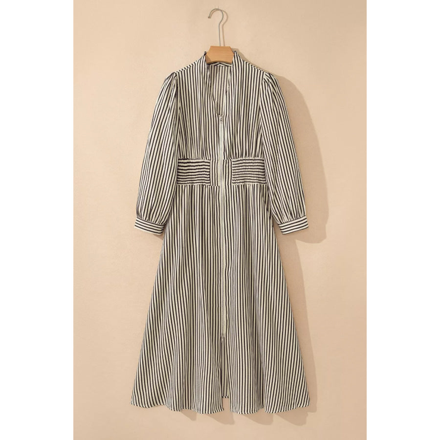 Stripe V Neck Zip Front Cinched High Waist Midi Dress Apparel and Accessories