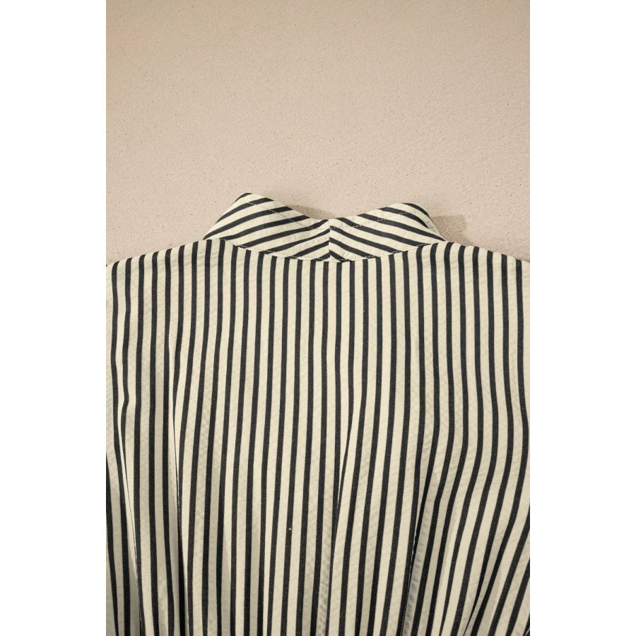 Stripe V Neck Zip Front Cinched High Waist Midi Dress Apparel and Accessories