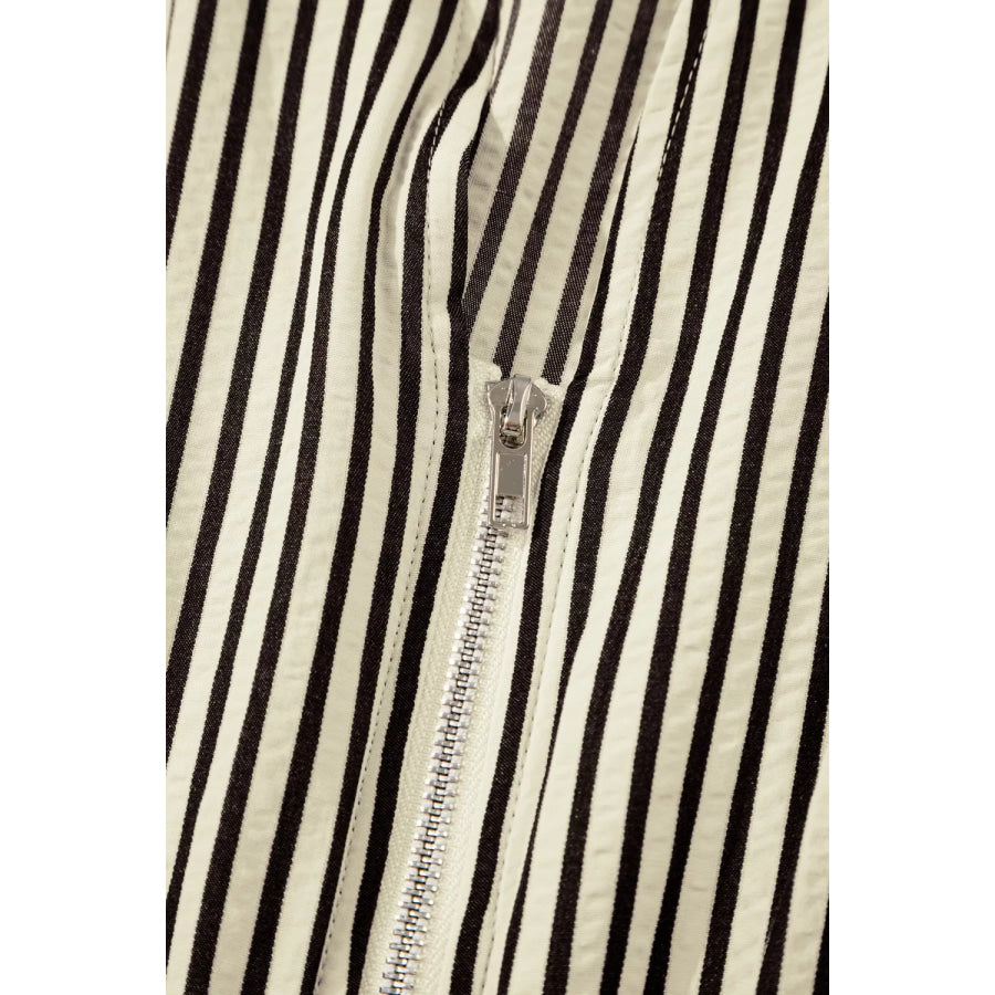 Stripe V Neck Zip Front Cinched High Waist Midi Dress Apparel and Accessories