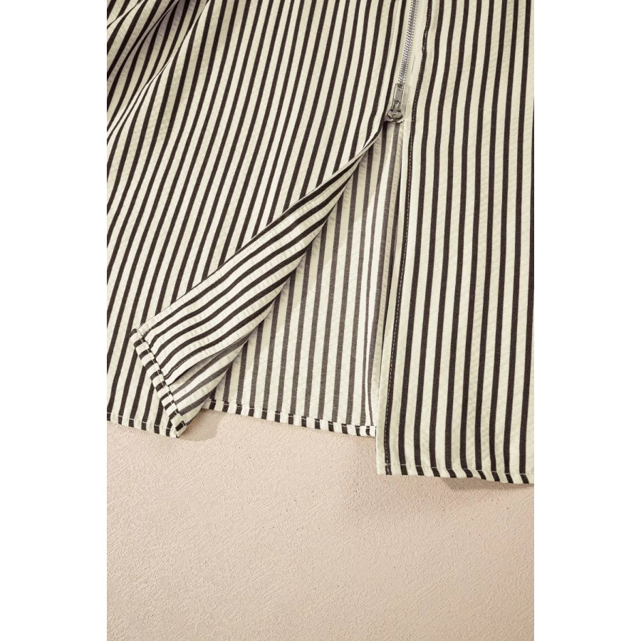 Stripe V Neck Zip Front Cinched High Waist Midi Dress Apparel and Accessories