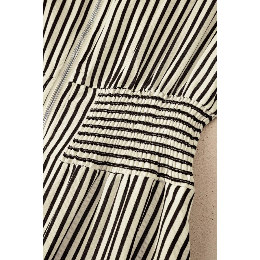 Stripe V Neck Zip Front Cinched High Waist Midi Dress Apparel and Accessories