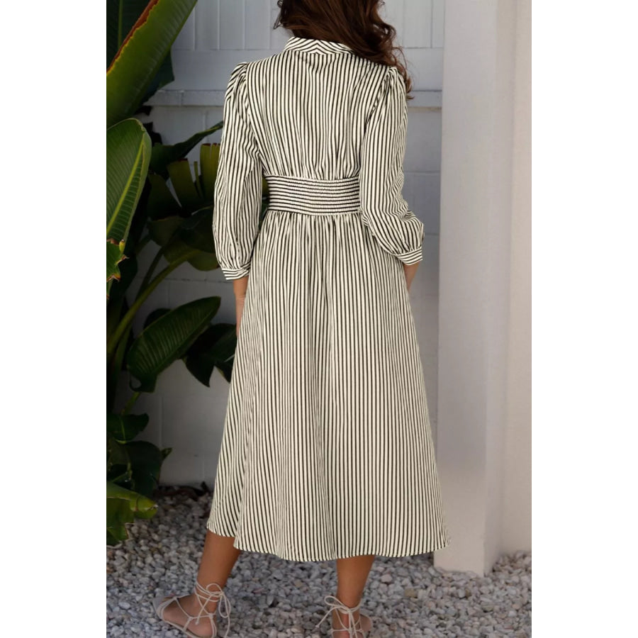 Stripe V Neck Zip Front Cinched High Waist Midi Dress Apparel and Accessories