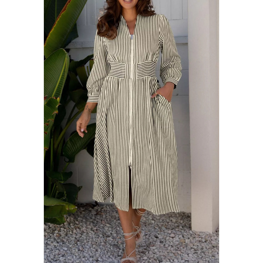 Stripe V Neck Zip Front Cinched High Waist Midi Dress Apparel and Accessories