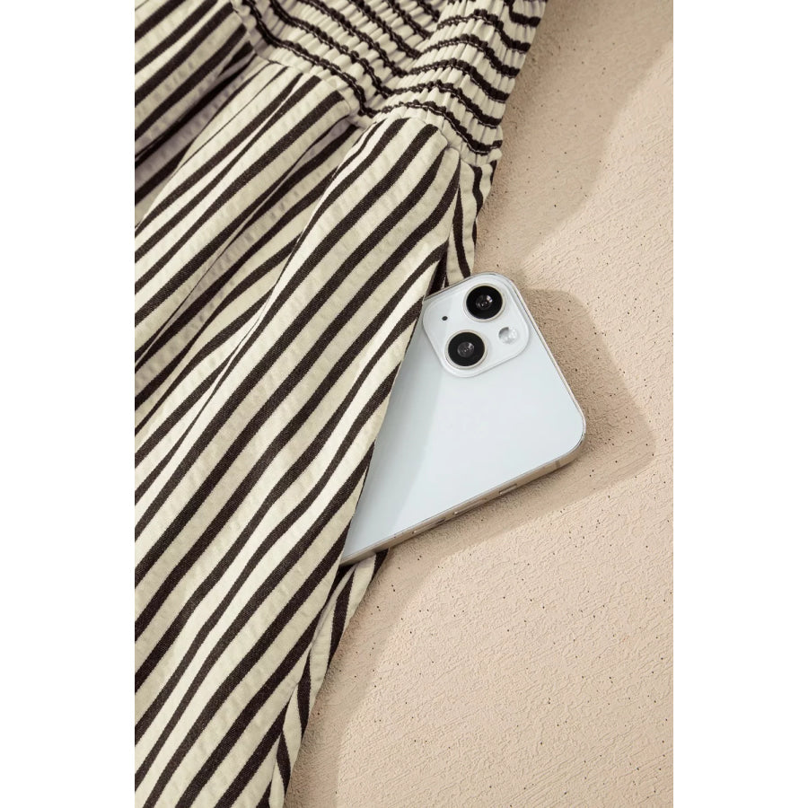 Stripe V Neck Zip Front Cinched High Waist Midi Dress Apparel and Accessories