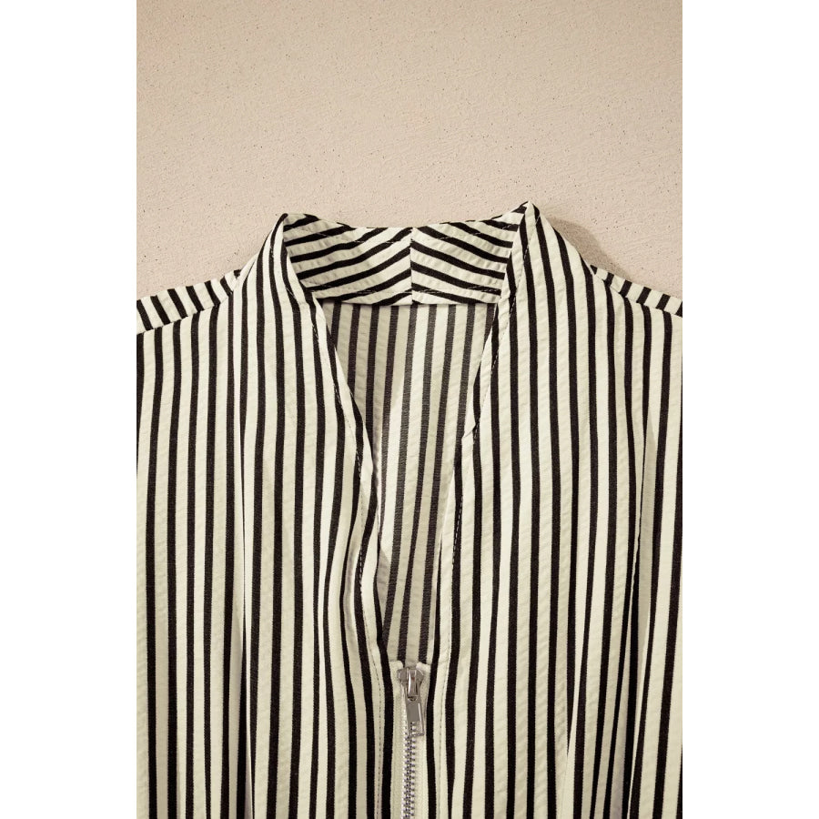 Stripe V Neck Zip Front Cinched High Waist Midi Dress Apparel and Accessories