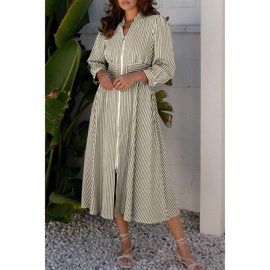 Stripe V Neck Zip Front Cinched High Waist Midi Dress Stripe / S Apparel and Accessories