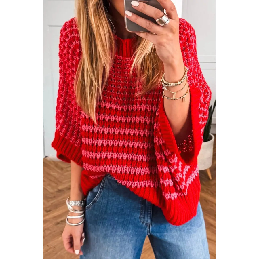 Stripe Wavy Crochet Eyelet Detail Ruffle Half Sleeve Sweater Apparel and Accessories