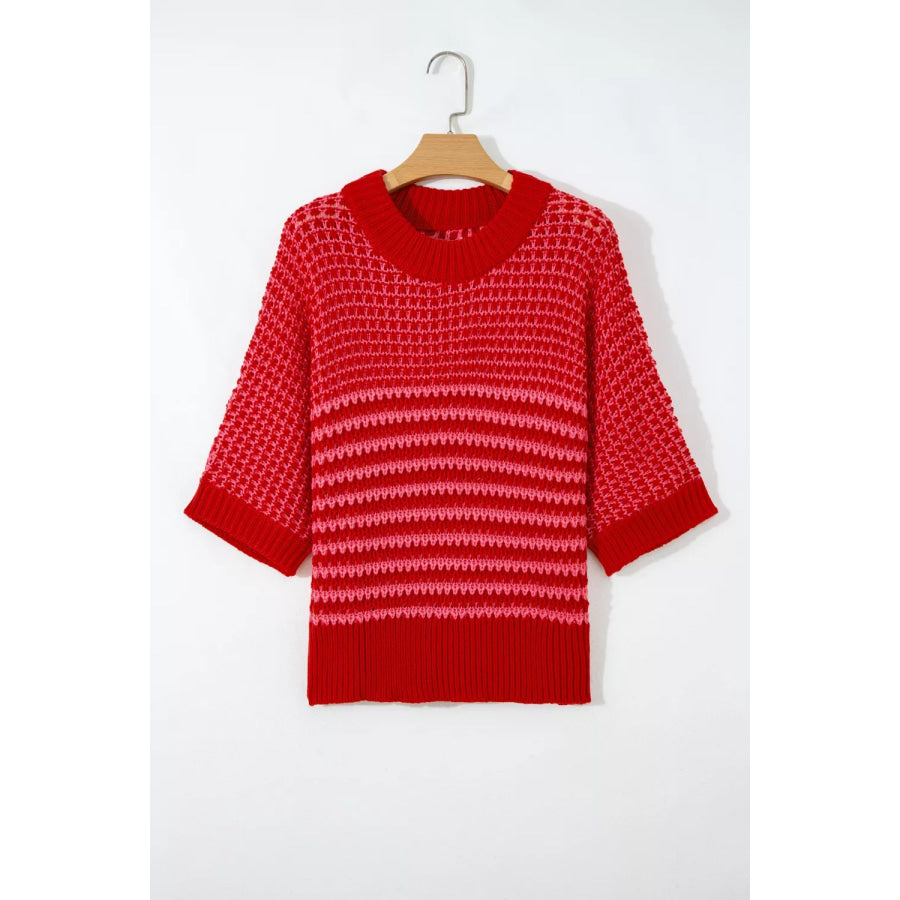 Stripe Wavy Crochet Eyelet Detail Ruffle Half Sleeve Sweater Apparel and Accessories