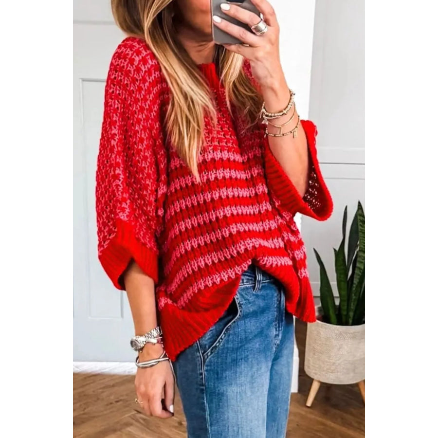 Stripe Wavy Crochet Eyelet Detail Ruffle Half Sleeve Sweater Apparel and Accessories