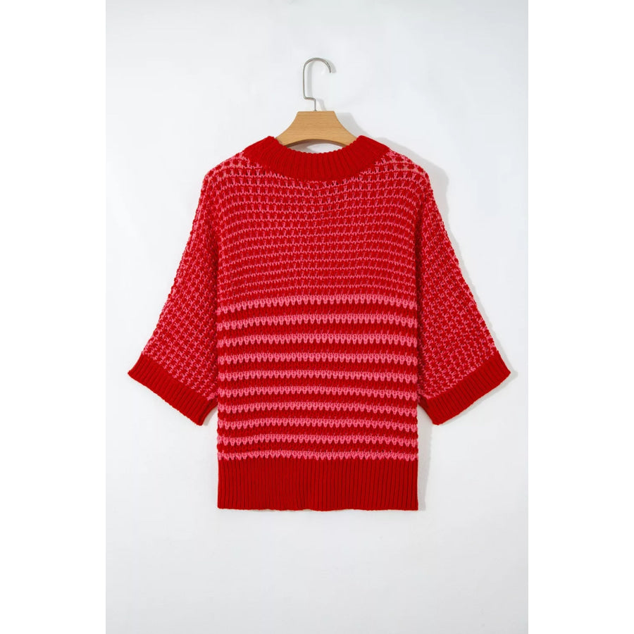 Stripe Wavy Crochet Eyelet Detail Ruffle Half Sleeve Sweater Apparel and Accessories