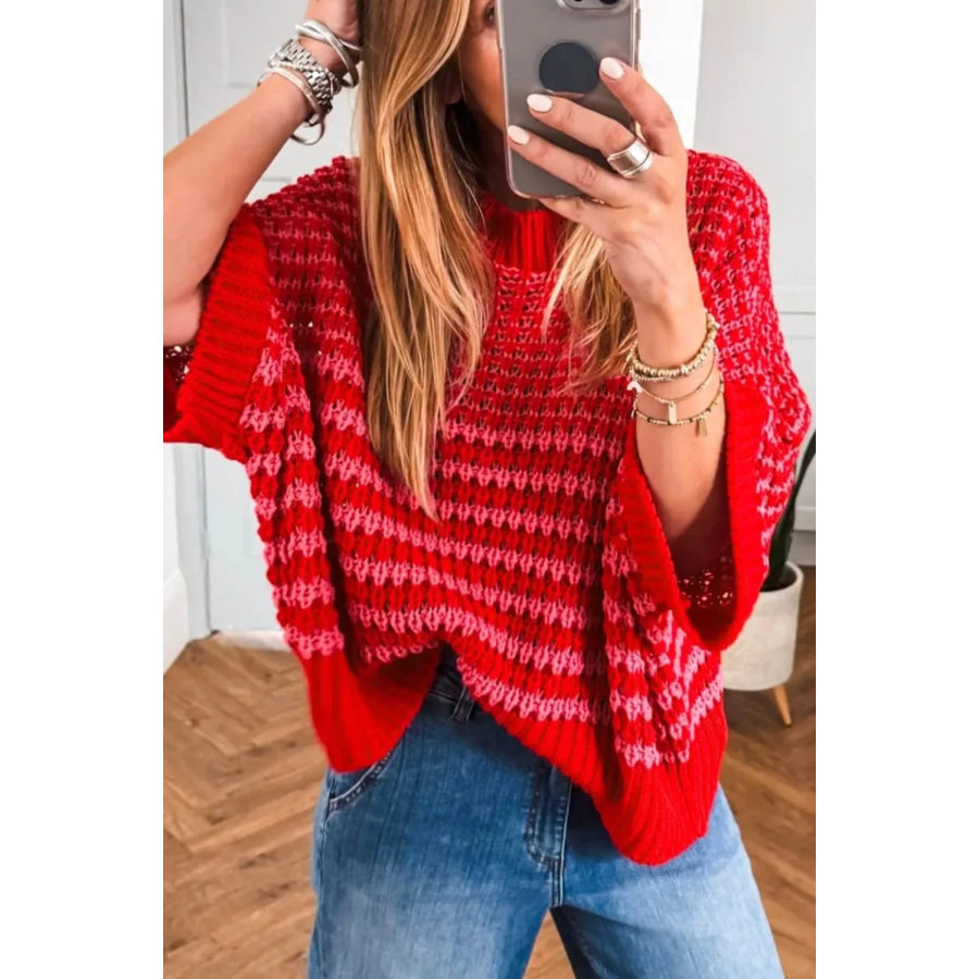 Stripe Wavy Crochet Eyelet Detail Ruffle Half Sleeve Sweater Apparel and Accessories