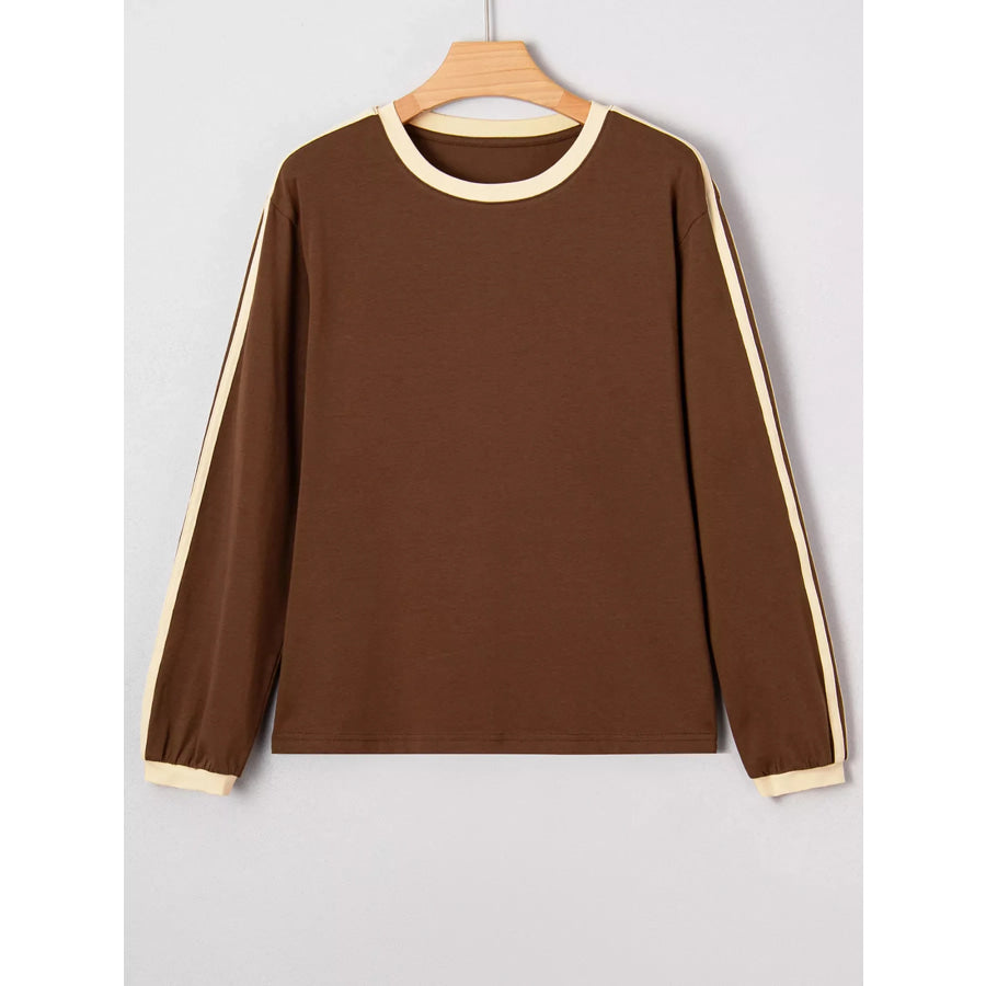 Striped Accent Contrast Crew Neck Long Sleeve T Shirt Apparel and Accessories