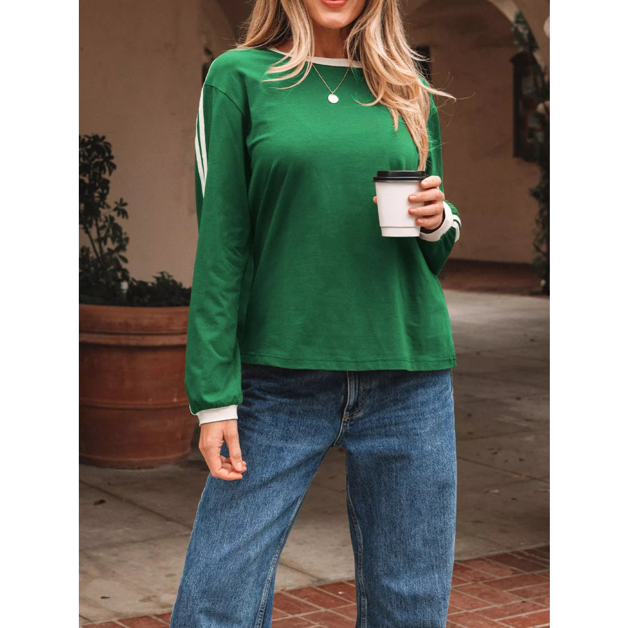 Striped Accent Contrast Crew Neck Long Sleeve T Shirt Apparel and Accessories