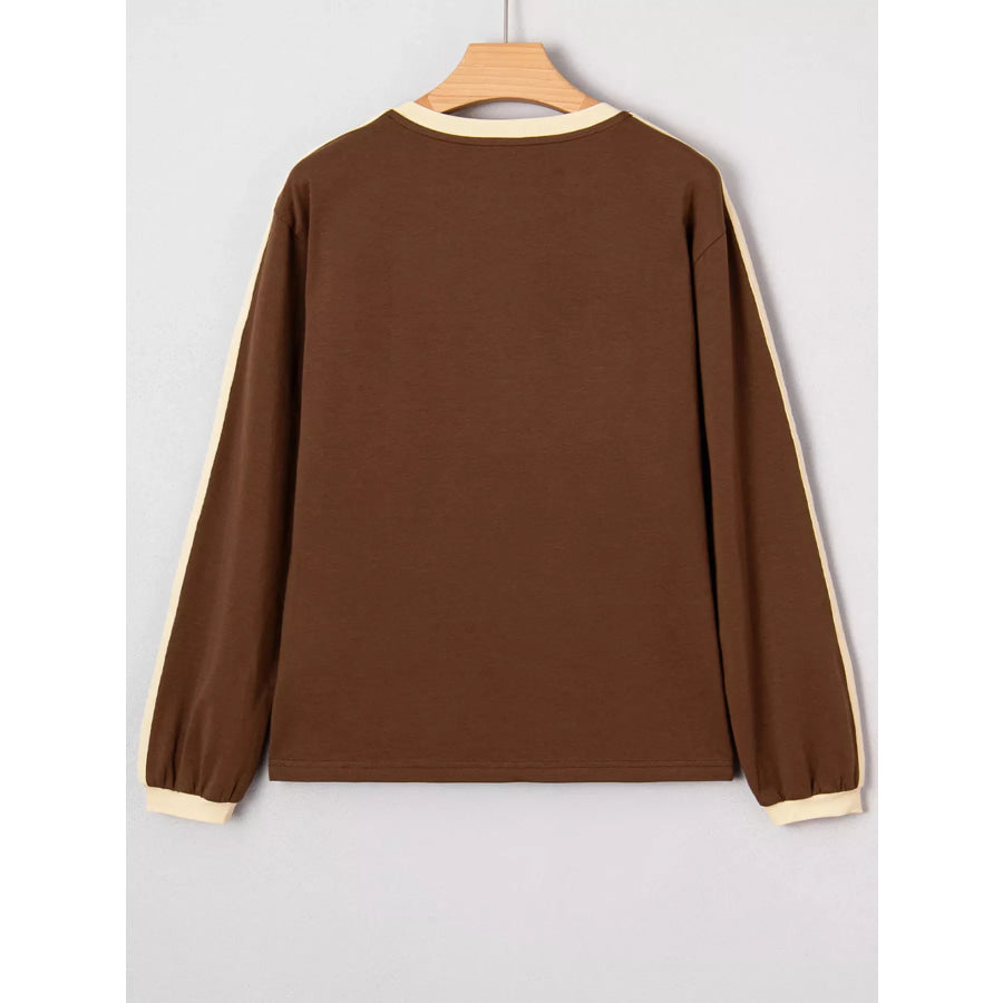 Striped Accent Contrast Crew Neck Long Sleeve T Shirt Apparel and Accessories