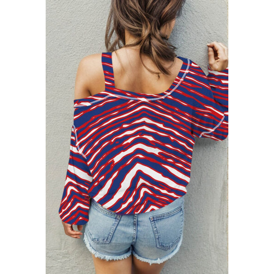 Striped Asymmetrical Neck Long Sleeve T-Shirt Scarlet / S Apparel and Accessories