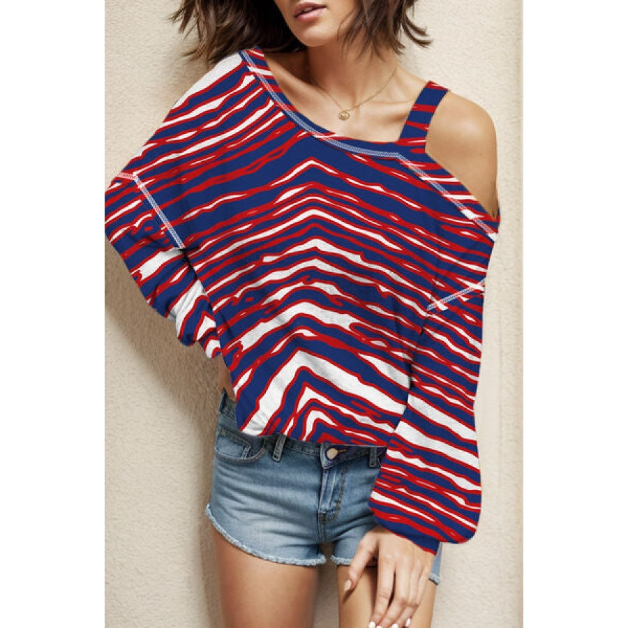 Striped Asymmetrical Neck Long Sleeve T-Shirt Scarlet / S Apparel and Accessories