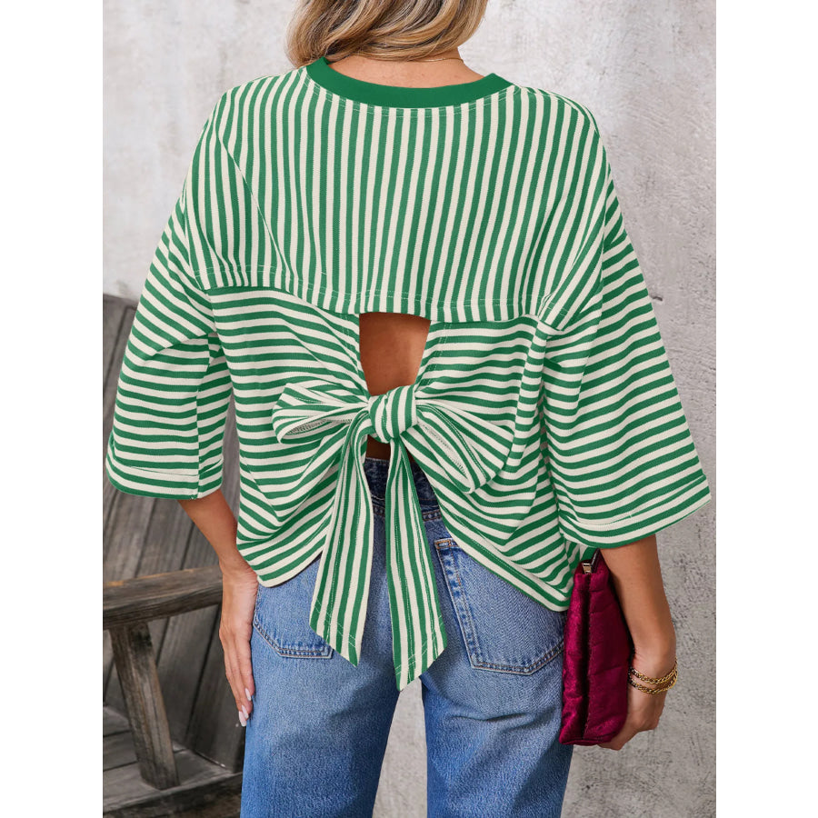 Striped Back Bow Tie T-Shirt Green / S Apparel and Accessories