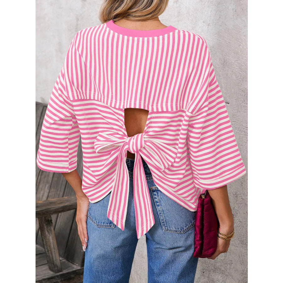 Striped Back Bow Tie T-Shirt Pink / S Apparel and Accessories