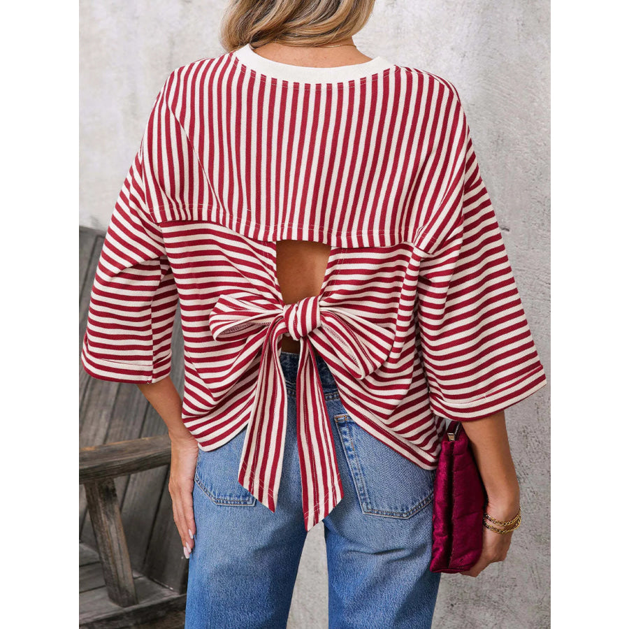 Striped Back Bow Tie T-Shirt Scarlet / S Apparel and Accessories