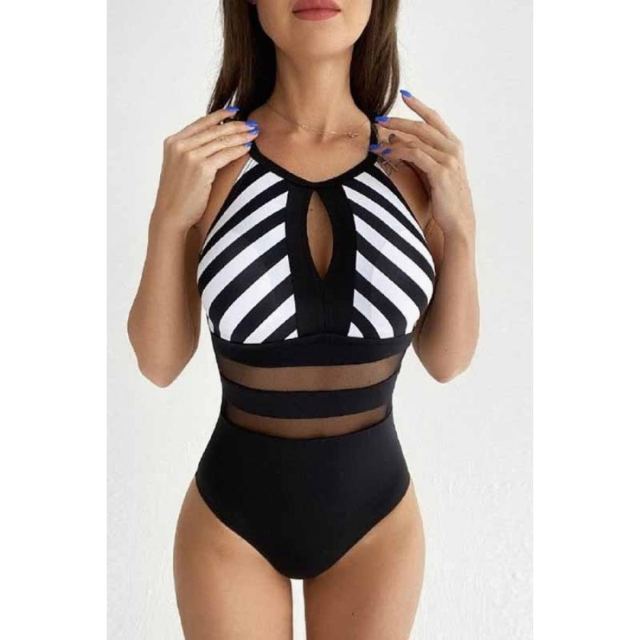 Striped Backless One-Piece Swimsuit Black / S